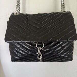 Rebecca Minkoff Edie Flap Shoulder Bag  Soft Black Leather Chain Handle 12 x 8.5